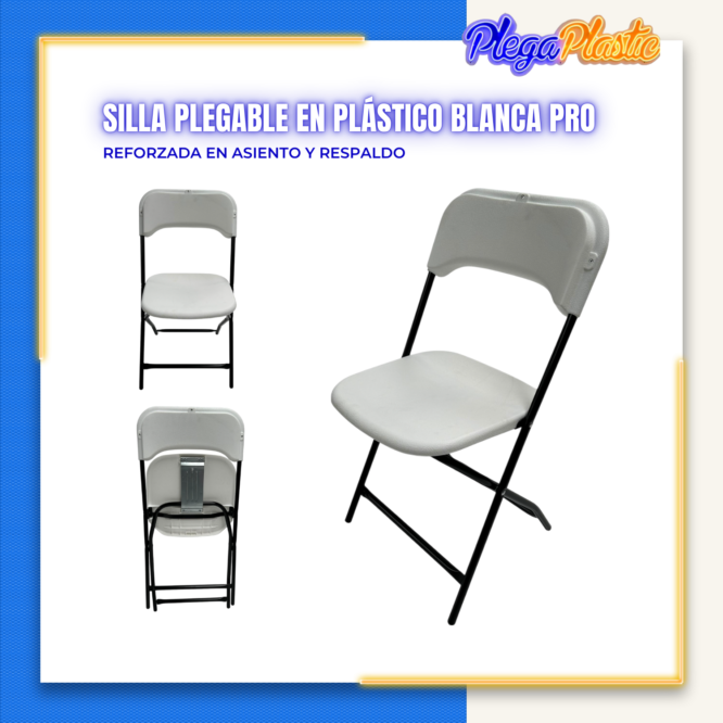 Silla plegable reforzada con asiento y respaldo en plastico Blanco PRO